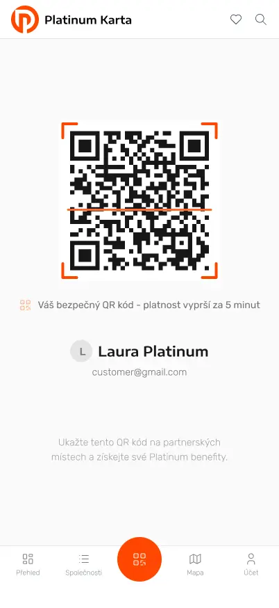 Obrazovka s QR kódem člena pro uplatnění benefitu